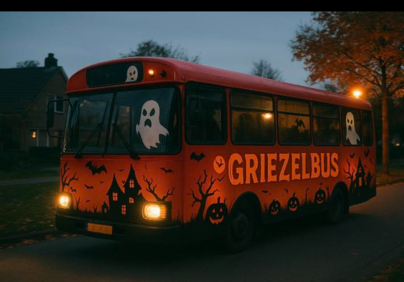 Griezelbus versierd voor Halloween